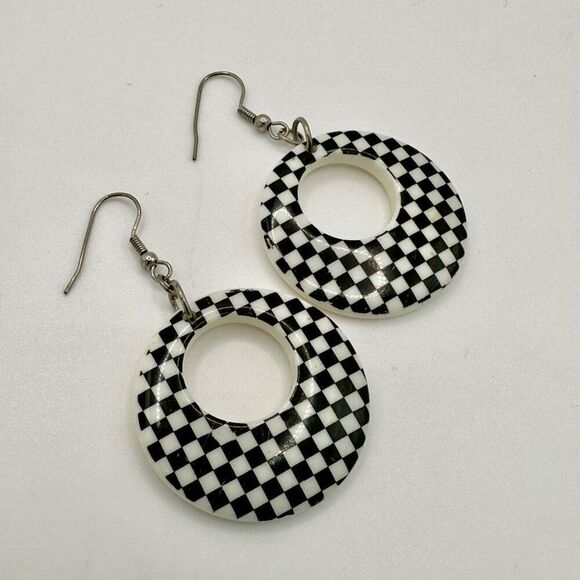 Black and white check circle drop earrings - Picture 1 of 5